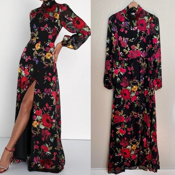 Graceful Arrival Black Floral Burnout Backless Maxi Dress